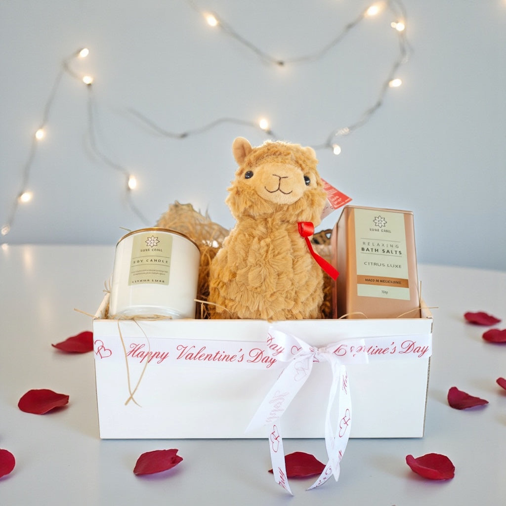 Valentine's Day gift box with camel plush toy, candle, and bath salts on a white surface with red rose petals.